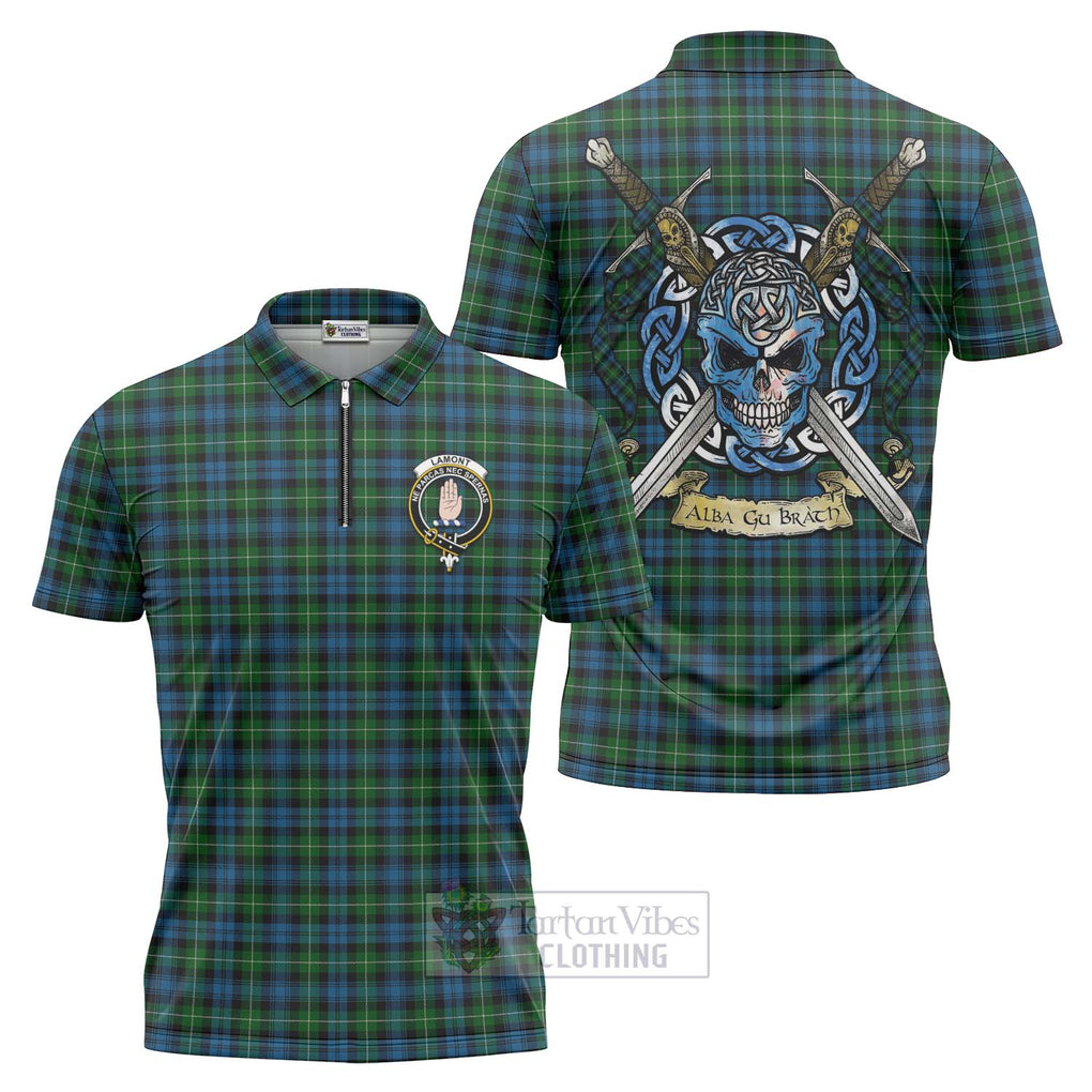 Tartan Vibes Clothing Lamont Tartan Zipper Polo Shirt with Family Crest Celtic Skull Style