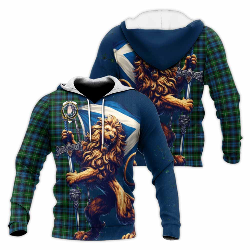 Tartan Vibes Clothing Lamont Tartan Family Crest Knitted Hoodie with Scottish Majestic Lion