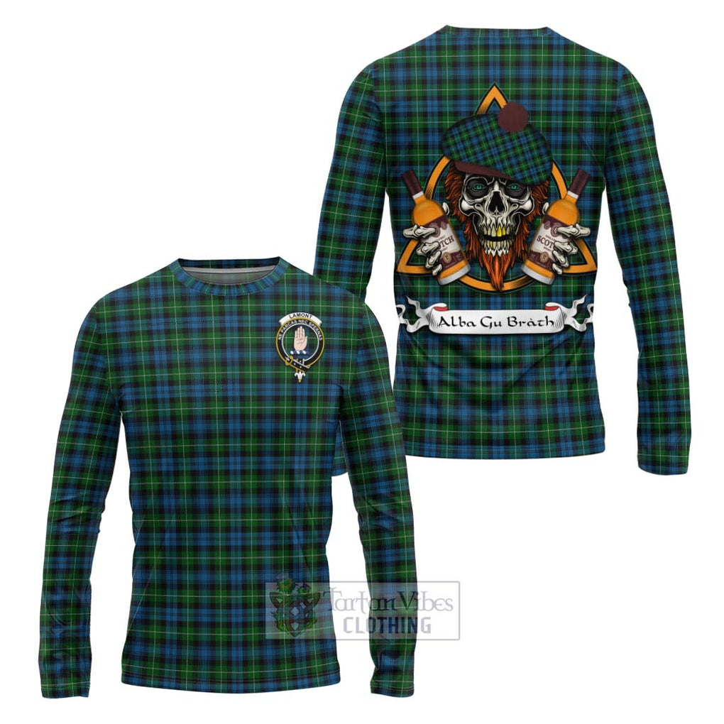 Tartan Vibes Clothing Lamont Tartan Long Sleeve T-Shirt with Family Crest and Bearded Skull Holding Bottles of Whiskey