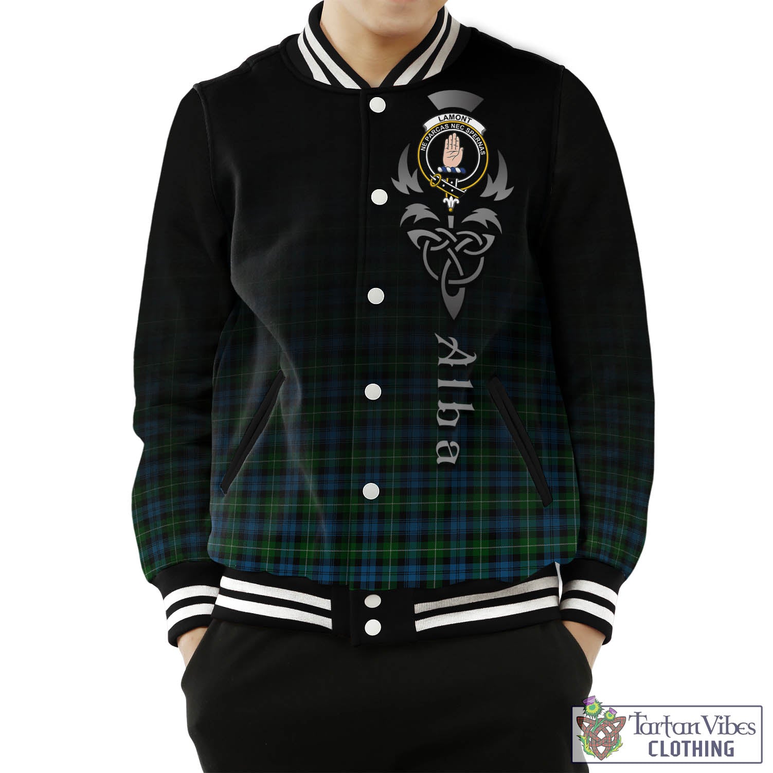 Tartan Vibes Clothing Lamont Tartan Baseball Jacket Featuring Alba Gu Brath Family Crest Celtic Inspired