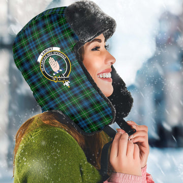 Lamont Tartan Winter Trapper Hat with Family Crest