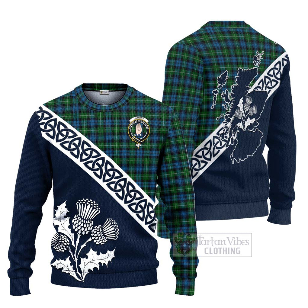 Tartan Vibes Clothing Lamont Tartan Knitted Sweater Featuring Thistle and Scotland Map