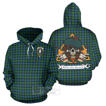 Lamont Tartan Hoodie with Family Crest and Bearded Skull Holding Bottles of Whiskey