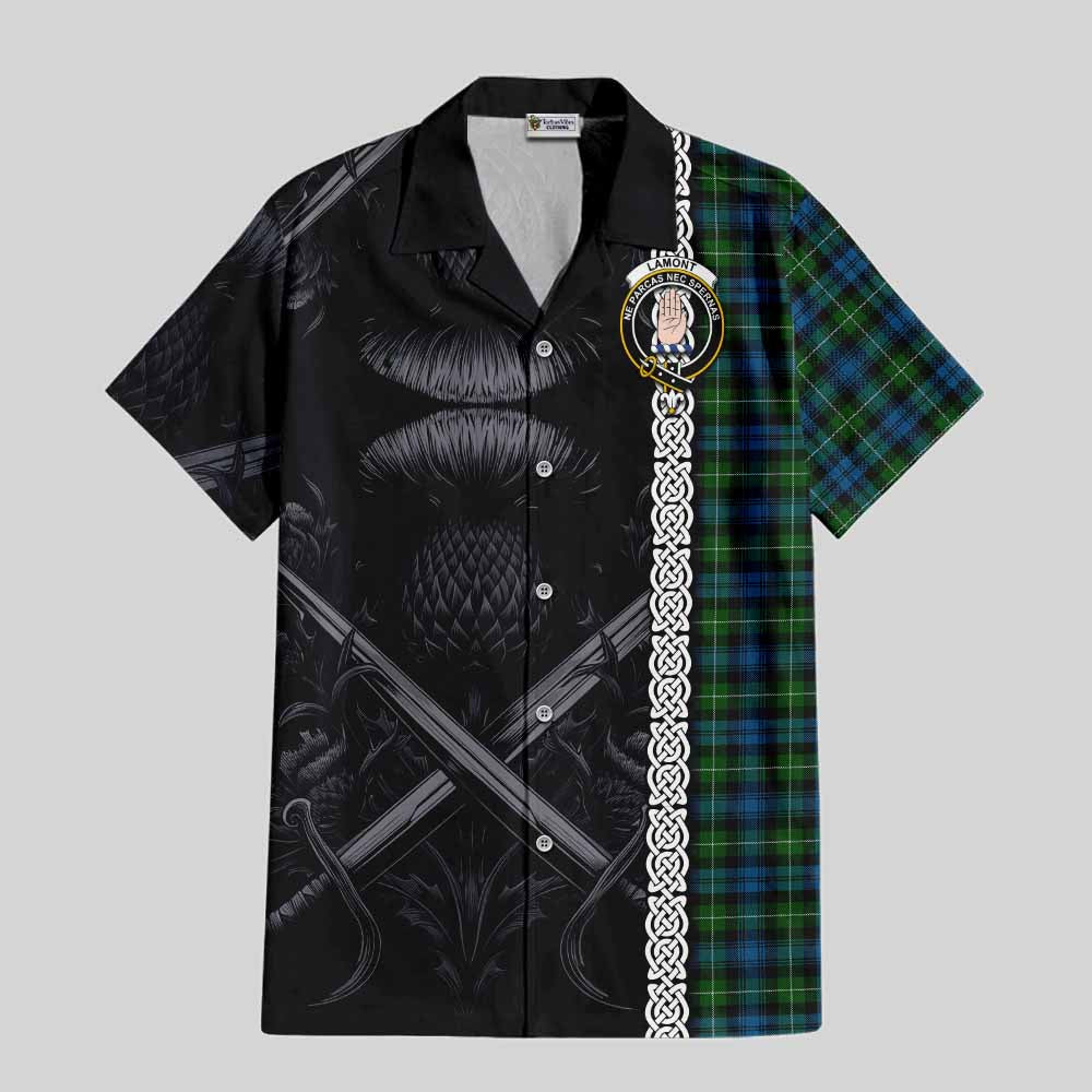 Tartan Vibes Clothing Lamont Tartan Short Sleeve Button Shirt with Family Crest Cross Sword Thistle Celtic Vibes