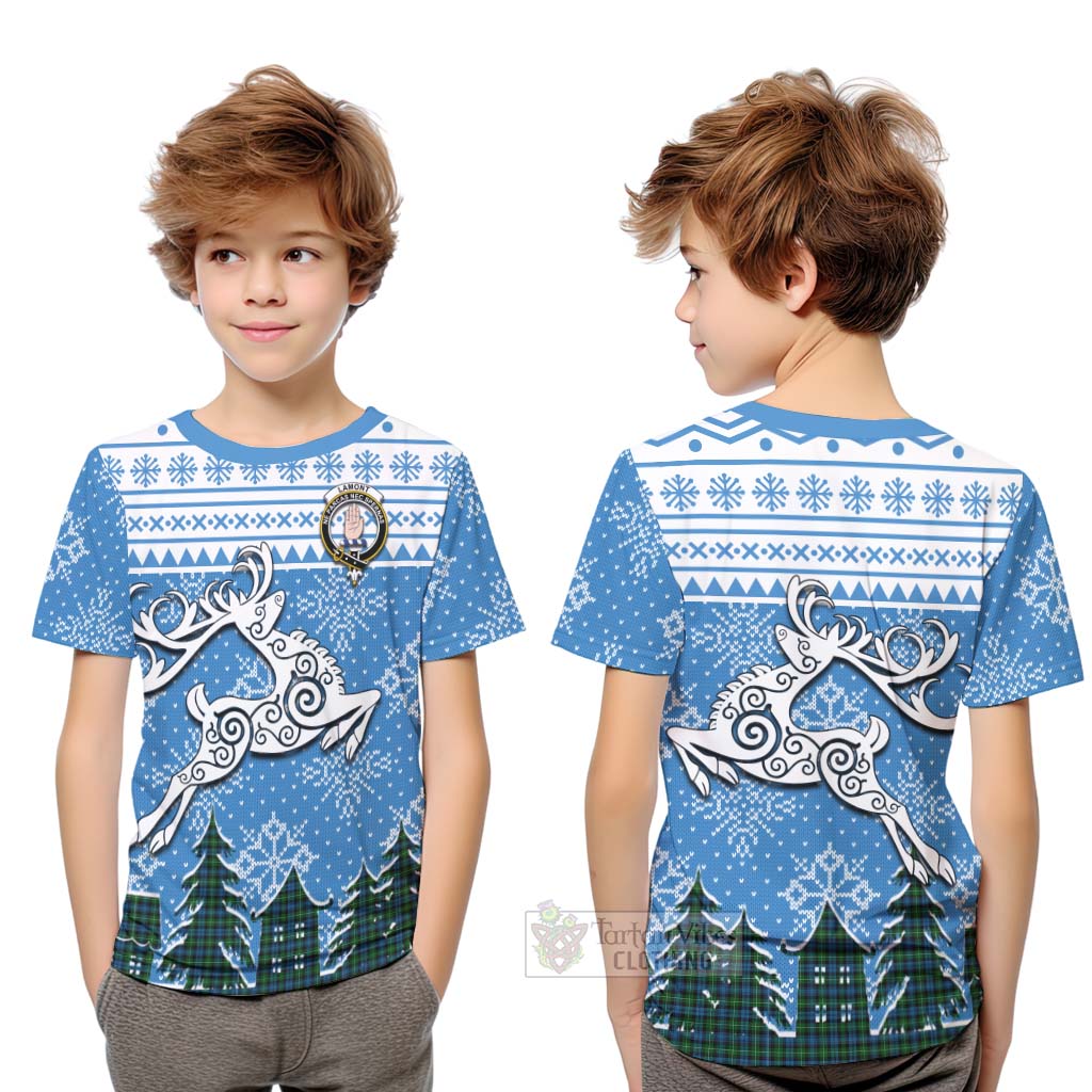 Tartan Vibes Clothing Lamont Clan Christmas Kid T-Shirt Celtic Reindeer Style