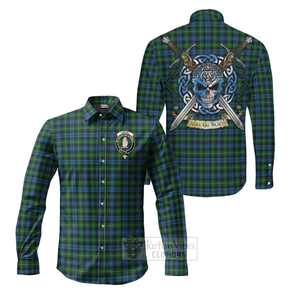Lamont Tartan Long Sleeve Button Shirt with Family Crest Celtic Skull Style Men's Shirt S - Tartan Vibes Clothing