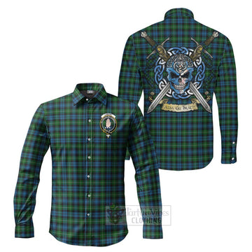 Lamont Tartan Long Sleeve Button Shirt with Family Crest Celtic Skull Style