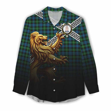 Lamont Crest Tartan Women's Casual Shirt with Golden Lion Emblem Celtic Style Female - Tartan Vibes Clothing