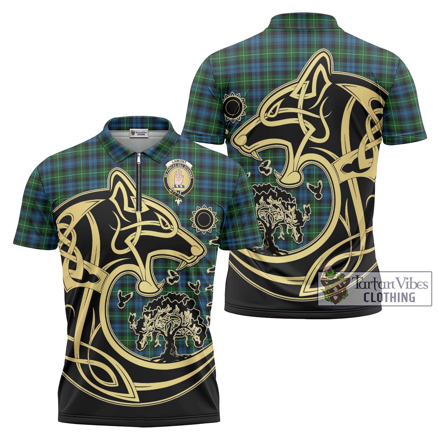 Lamont Tartan Zipper Polo Shirt with Family Crest Celtic Wolf Style Unisex - Tartanvibesclothing Shop