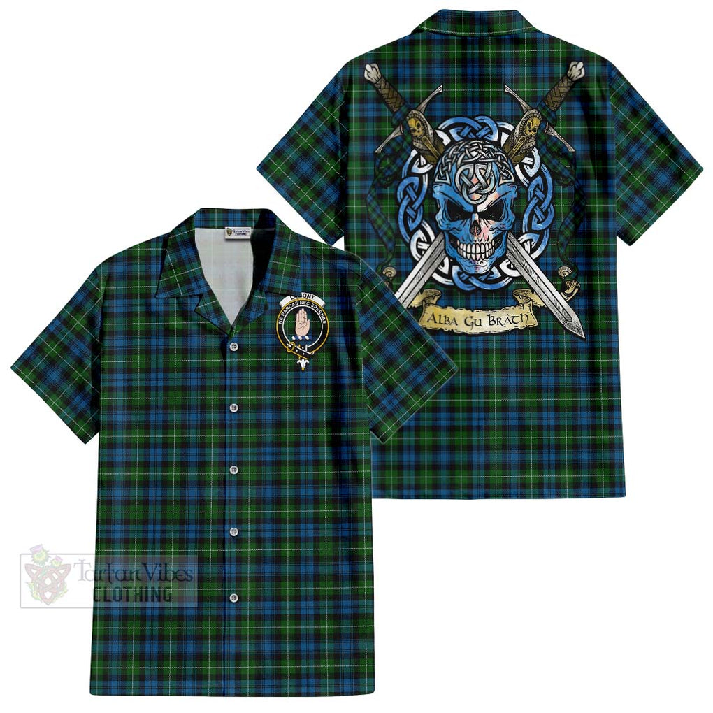 Tartan Vibes Clothing Lamont Tartan Short Sleeve Button Shirt with Family Crest Celtic Skull Style