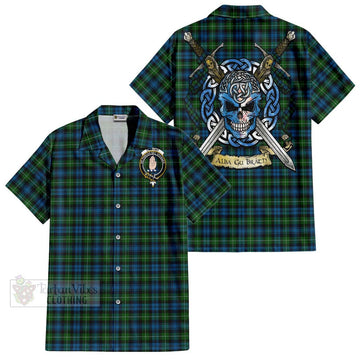 Lamont Tartan Short Sleeve Button Shirt with Family Crest Celtic Skull Style