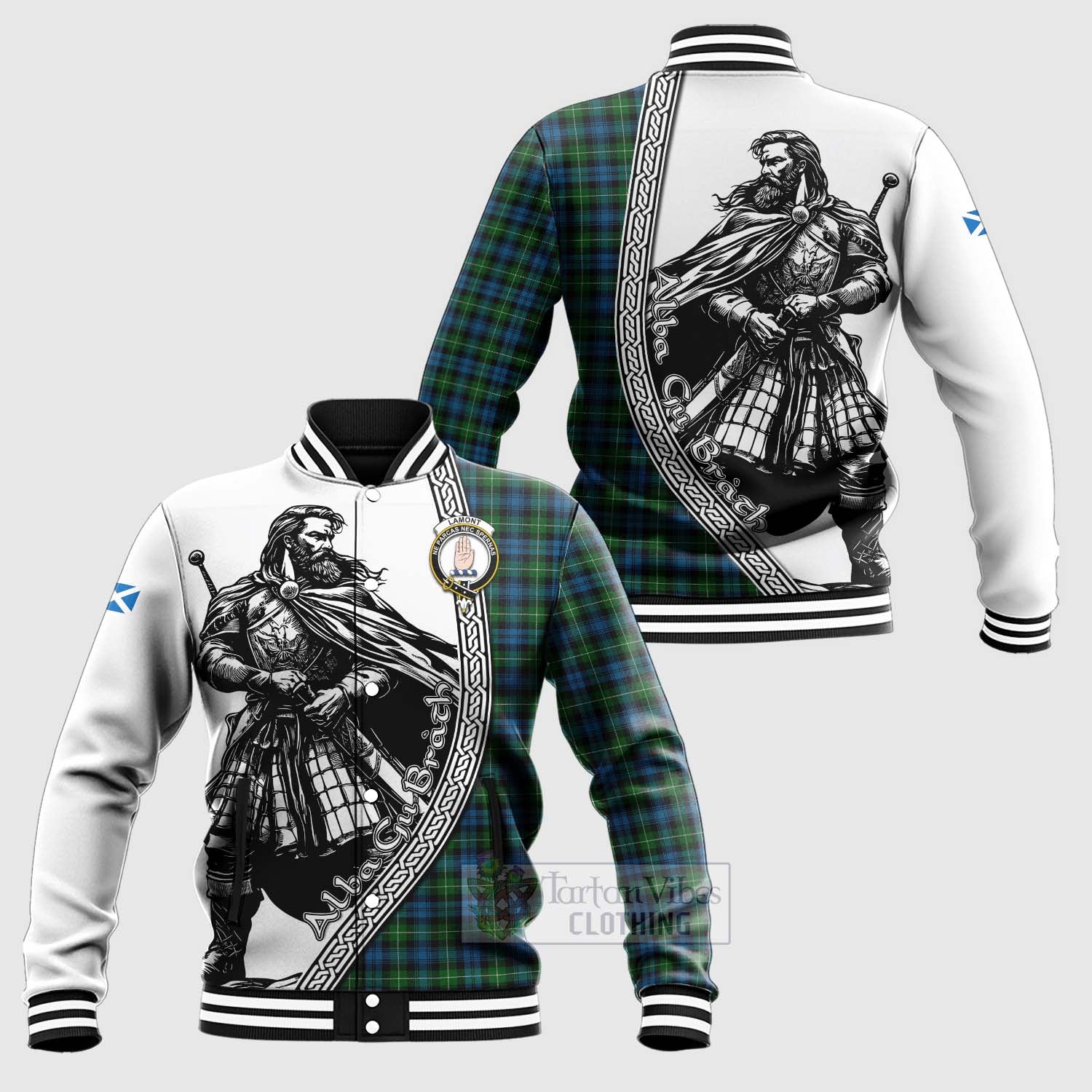 Tartan Vibes Clothing Lamont Tartan Clan Crest Baseball Jacket with Highlander Warrior Celtic Style