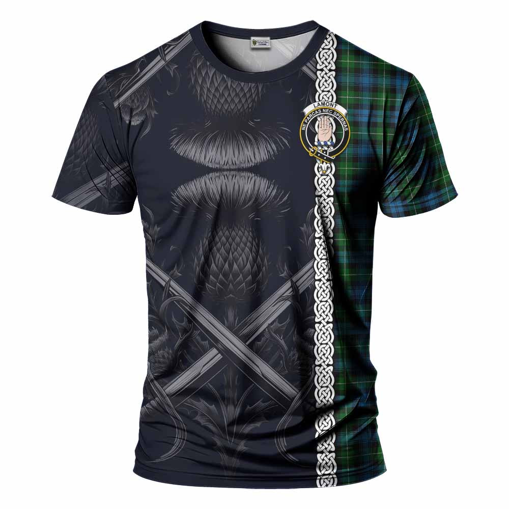 Tartan Vibes Clothing Lamont Tartan T-Shirt with Family Crest Cross Sword Thistle Celtic Vibes