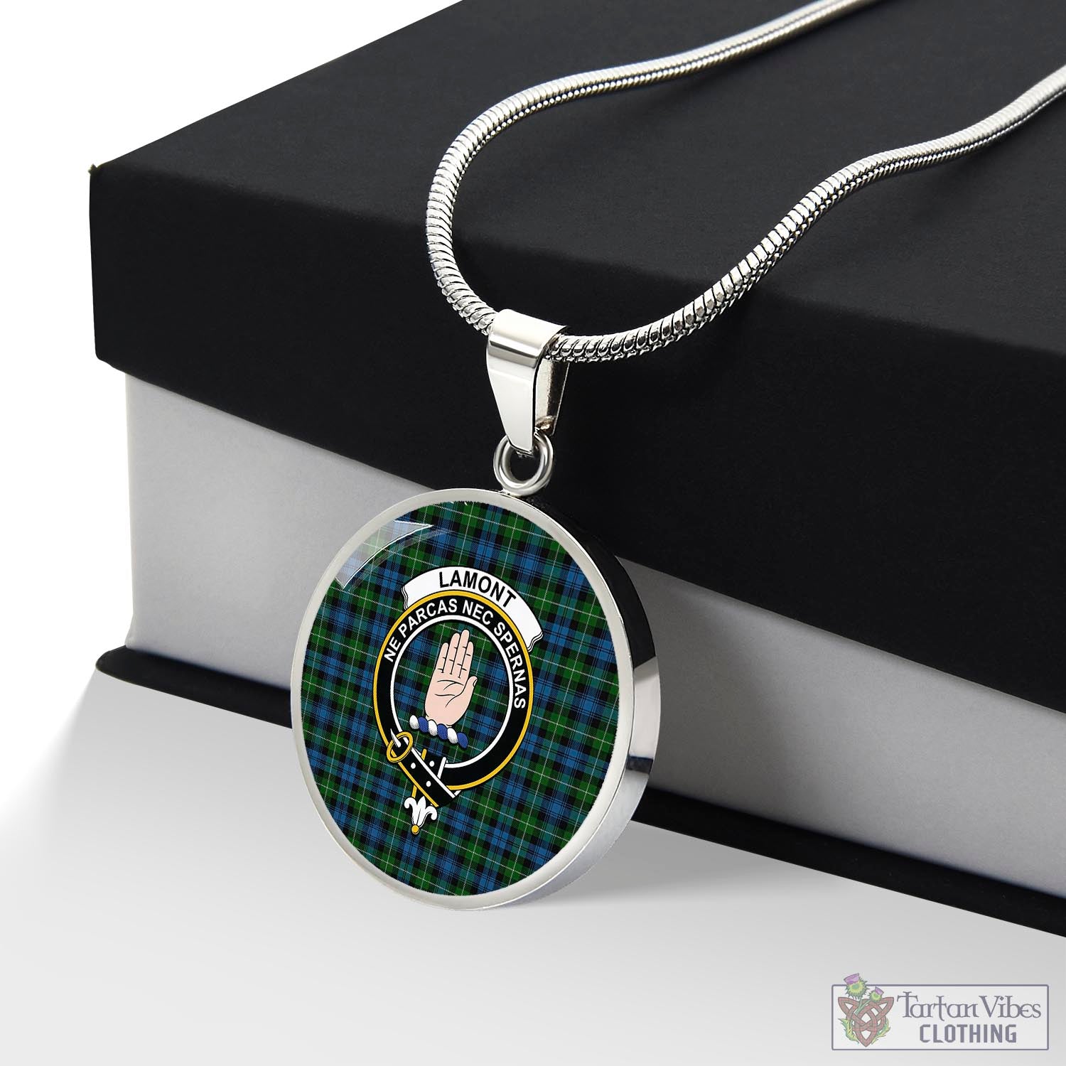 Tartan Vibes Clothing Lamont Tartan Circle Necklace with Family Crest