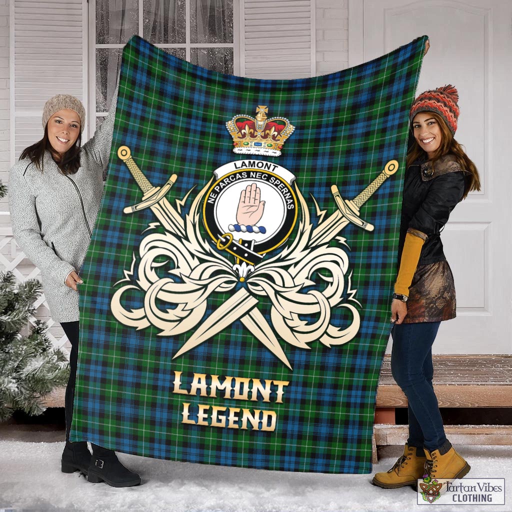 Tartan Vibes Clothing Lamont Tartan Blanket with Clan Crest and the Golden Sword of Courageous Legacy