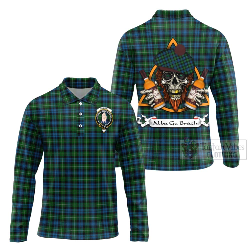 Tartan Vibes Clothing Lamont Tartan Long Sleeve Polo Shirt with Family Crest and Bearded Skull Holding Bottles of Whiskey