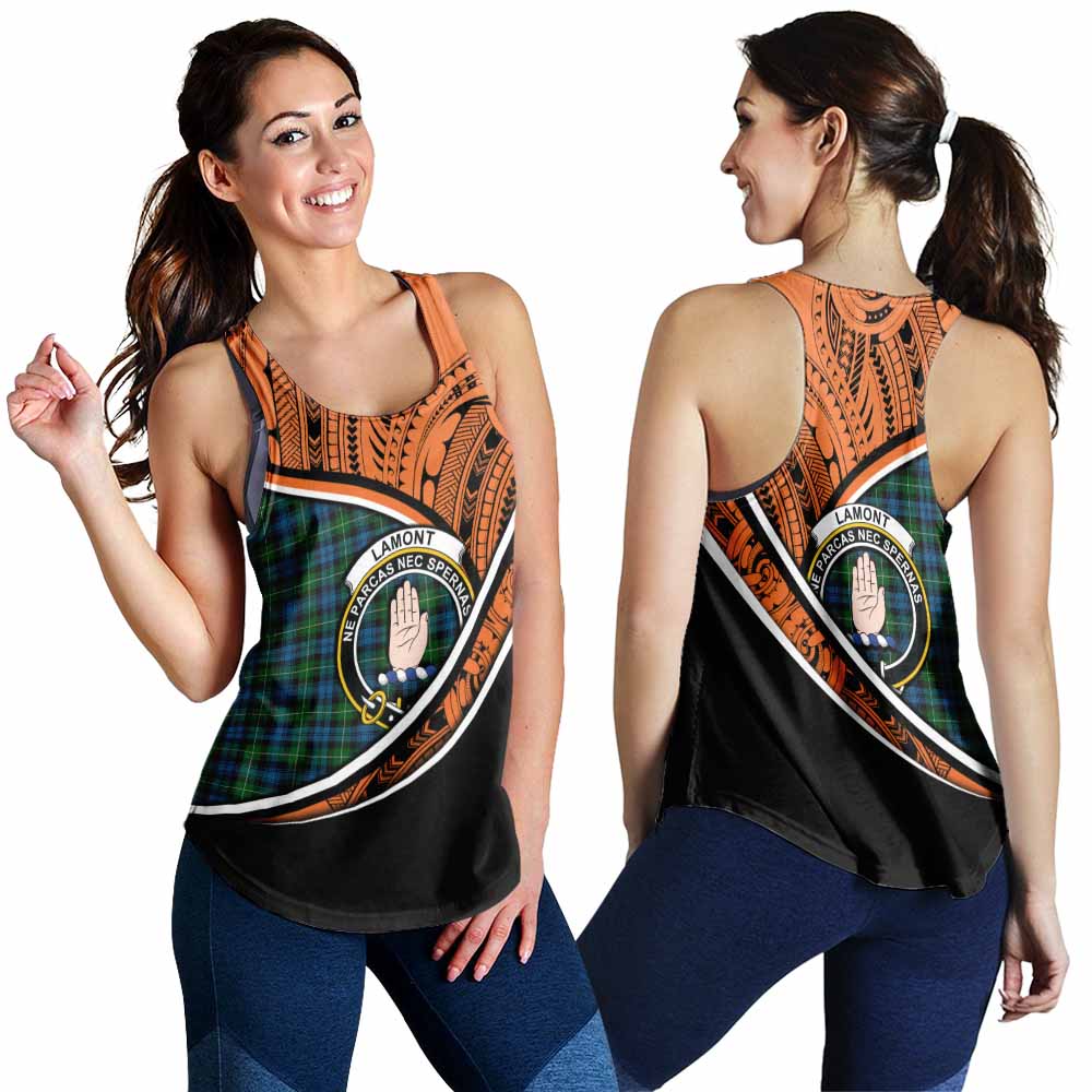 Tartan Vibes Clothing Lamont Crest Tartan Women's Racerback Tanks with Maori Tattoo Style - Orange Version