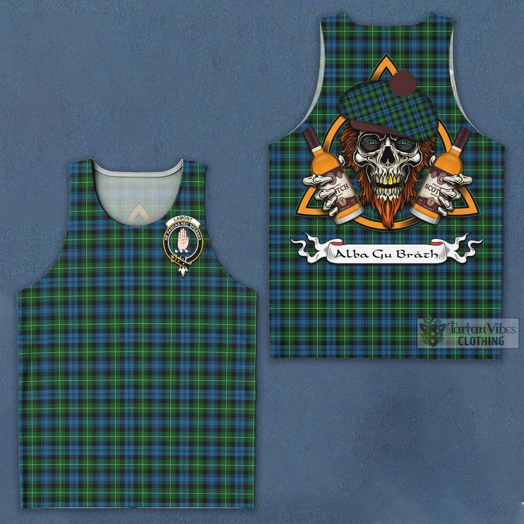 Tartan Vibes Clothing Lamont Tartan Men's Tank Top with Family Crest and Bearded Skull Holding Bottles of Whiskey