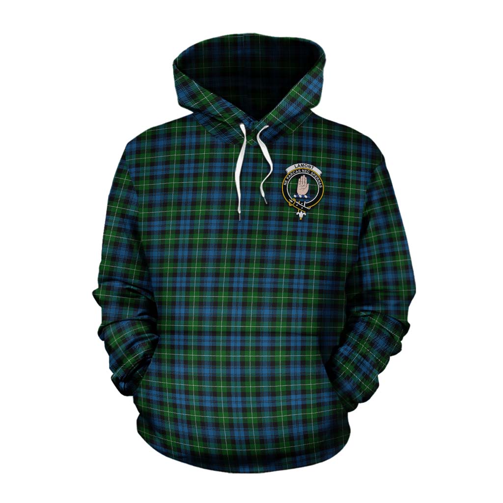 Tartan Vibes Clothing Lamont Tartan Cotton Hoodie with Family Crest and Bearded Skull Holding Bottles of Whiskey