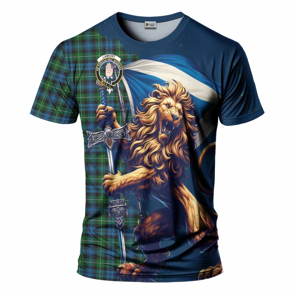 Tartan Vibes Clothing Lamont Tartan Family Crest T-Shirt with Scottish Majestic Lion