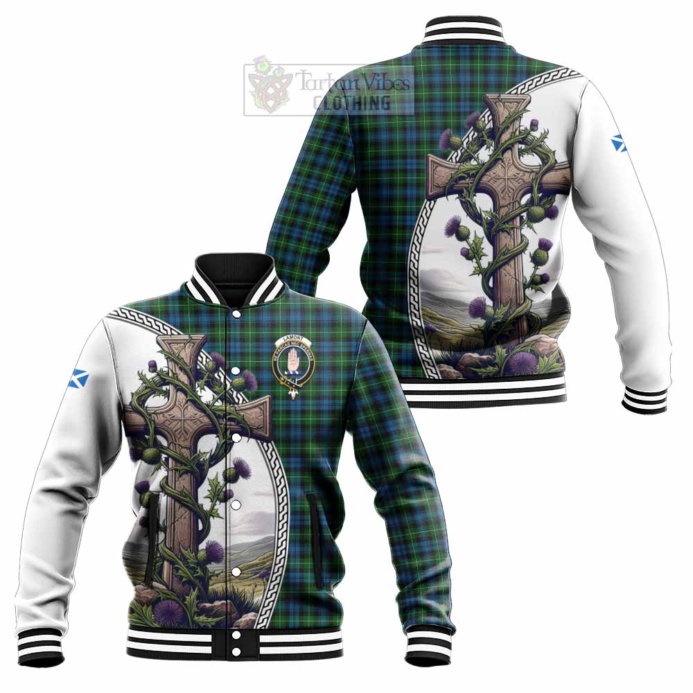 Tartan Vibes Clothing Lamont Tartan Baseball Jacket with Family Crest and St. Andrew's Cross Accented by Thistle Vines