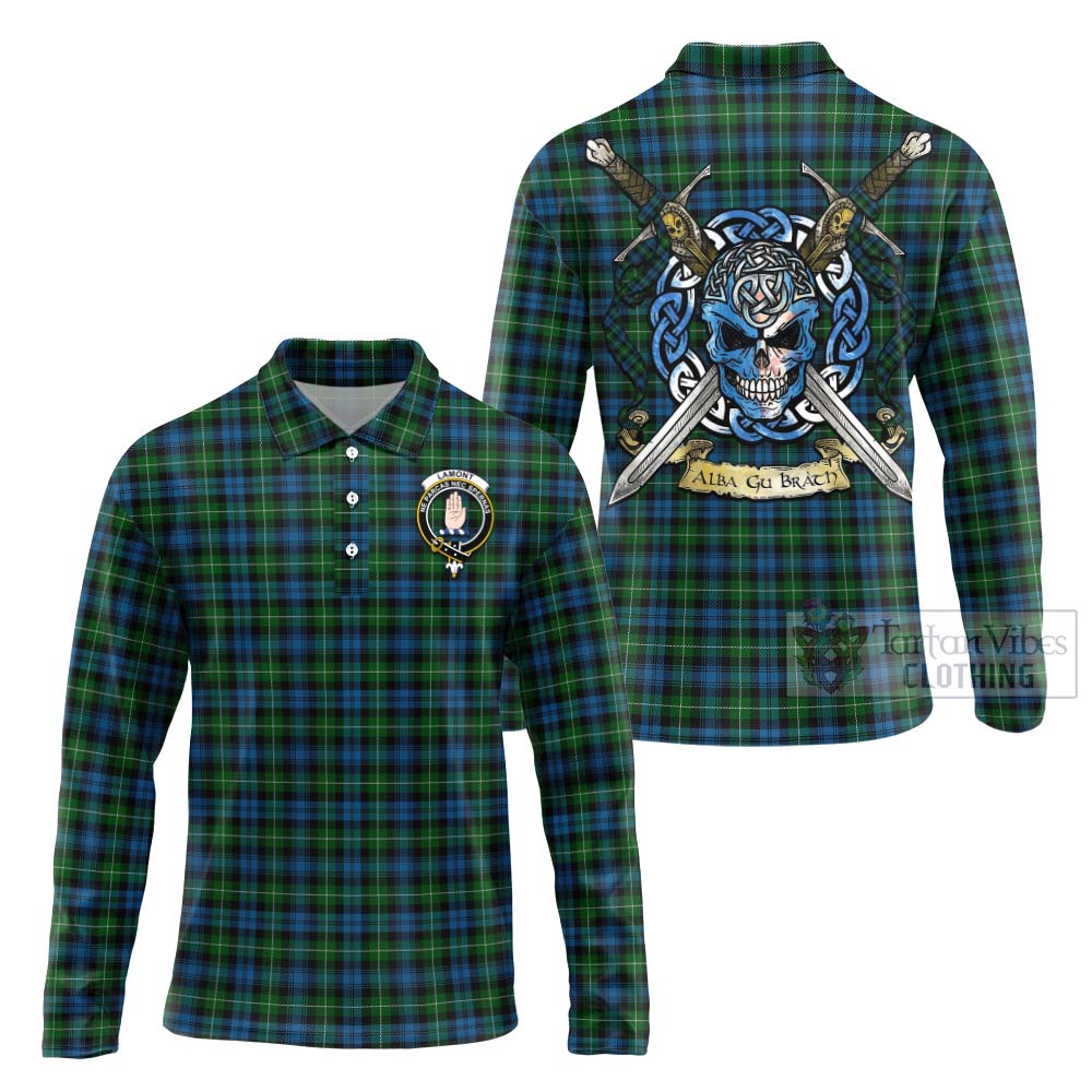 Tartan Vibes Clothing Lamont Tartan Long Sleeve Polo Shirt with Family Crest Celtic Skull Style