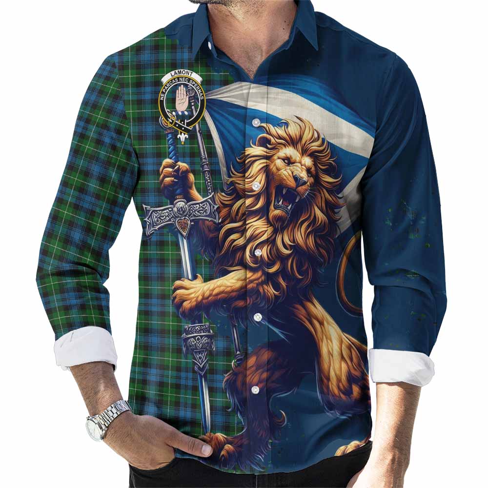 Tartan Vibes Clothing Lamont Tartan Family Crest Long Sleeve Button Shirt with Scottish Majestic Lion