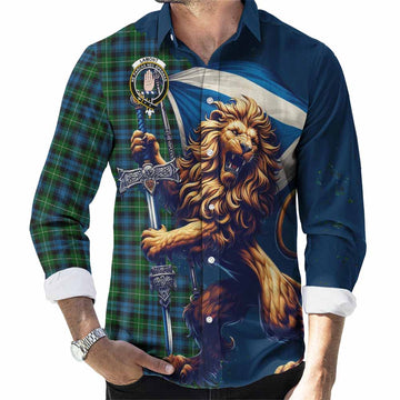 Lamont Tartan Family Crest Long Sleeve Button Shirt with Scottish Majestic Lion