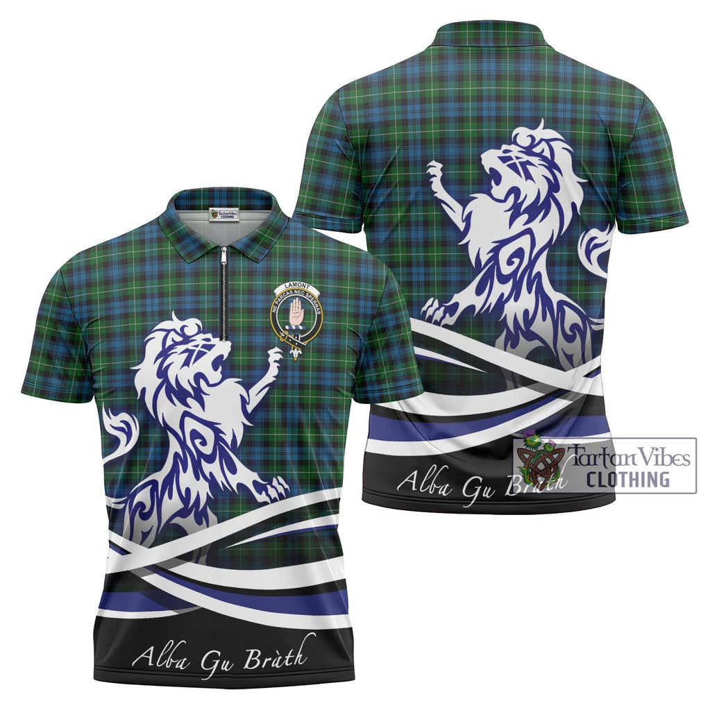 Lamont Tartan Zipper Polo Shirt with Alba Gu Brath Regal Lion Emblem Unisex - Tartanvibesclothing Shop