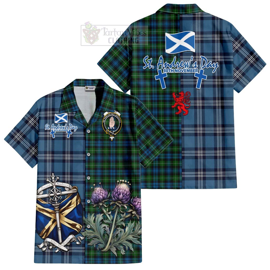 Tartan Vibes Clothing Lamont Tartan Short Sleeve Button Shirt Happy St. Andrew's Day Half Tartan Style