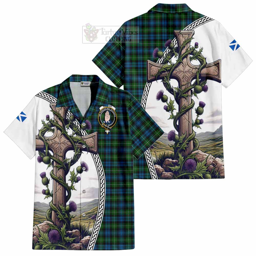 Tartan Vibes Clothing Lamont Tartan Short Sleeve Button Shirt with Family Crest and St. Andrew's Cross Accented by Thistle Vines