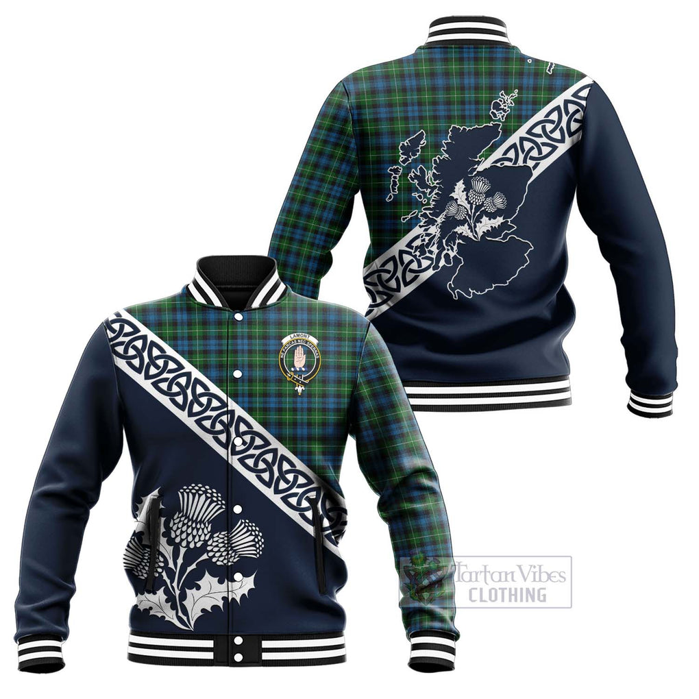 Tartan Vibes Clothing Lamont Tartan Baseball Jacket Featuring Thistle and Scotland Map