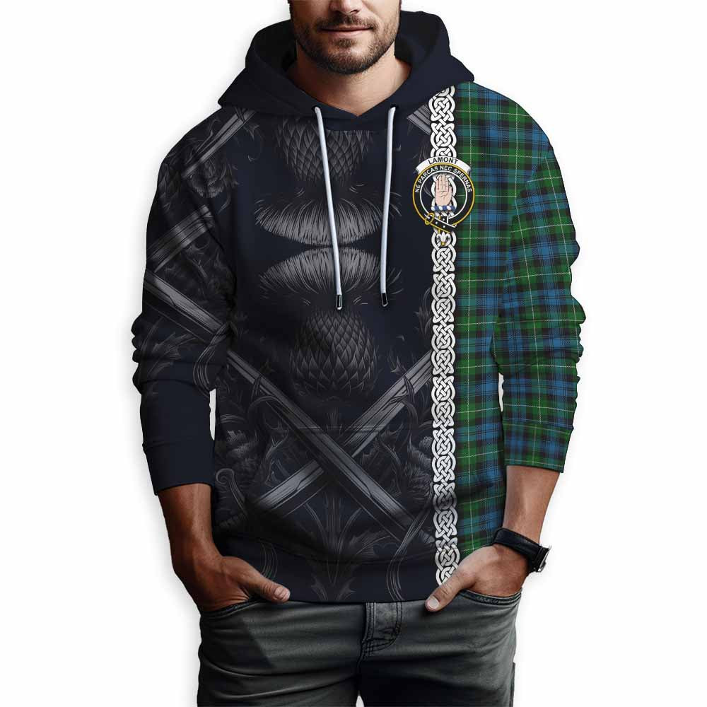 Tartan Vibes Clothing Lamont Tartan Hoodie with Family Crest Cross Sword Thistle Celtic Vibes