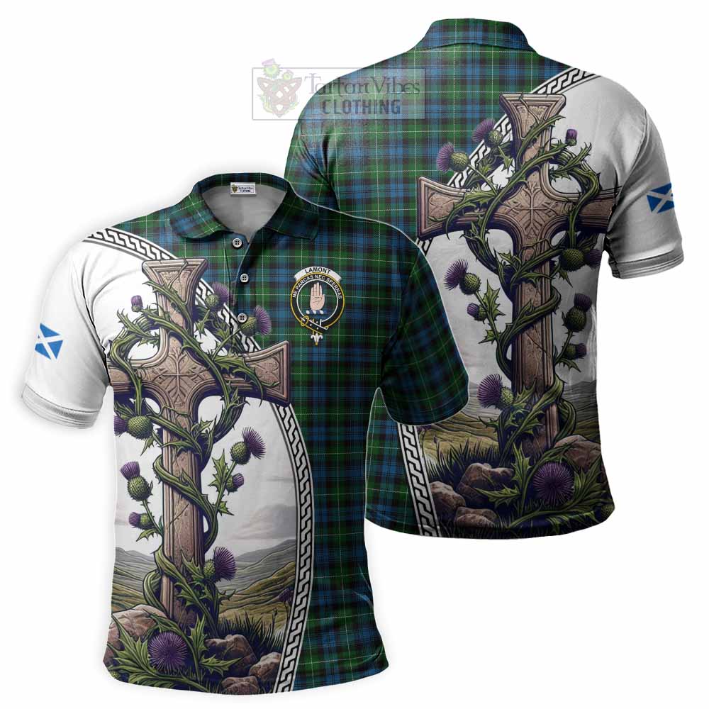 Tartan Vibes Clothing Lamont Tartan Polo Shirt with Family Crest and St. Andrew's Cross Accented by Thistle Vines