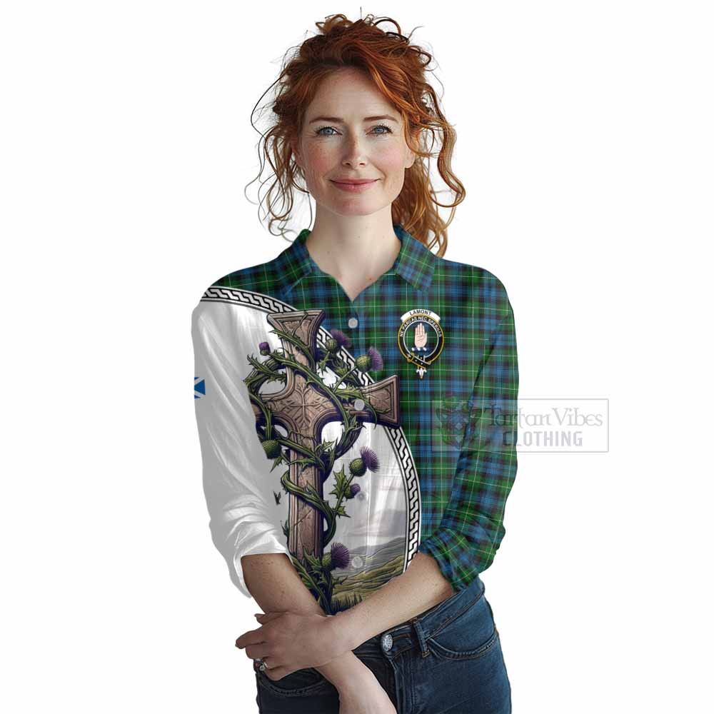 Tartan Vibes Clothing Lamont Tartan Women's Casual Shirt with Family Crest and St. Andrew's Cross Accented by Thistle Vines