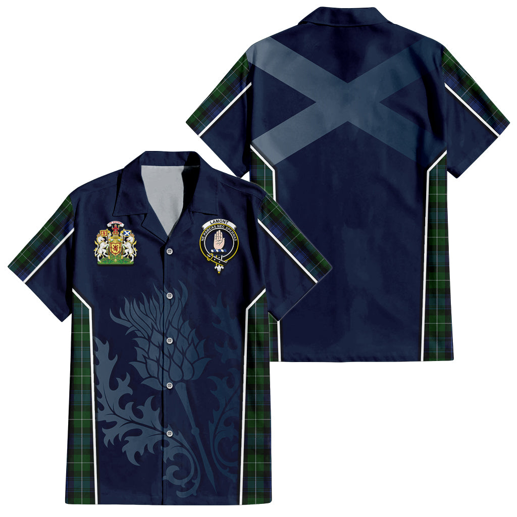 Tartan Vibes Clothing Lamont #2 Tartan Short Sleeve Button Up Shirt with Family Crest and Scottish Thistle Vibes Sport Style