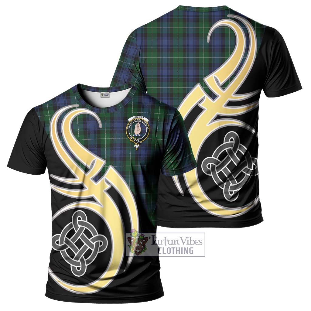 Tartan Vibes Clothing Lamont #2 Tartan T-Shirt with Family Crest and Celtic Symbol Style