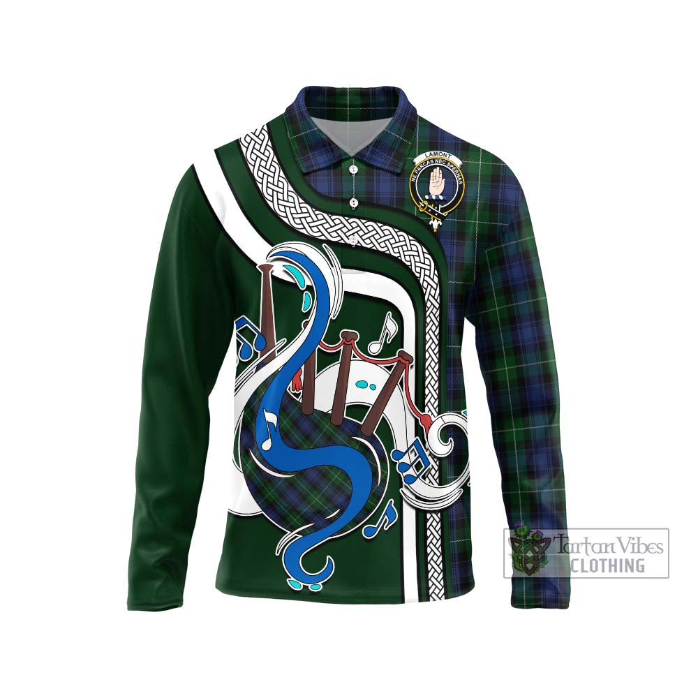 Tartan Vibes Clothing Lamont #2 Tartan Long Sleeve Polo Shirt with Epic Bagpipe Style