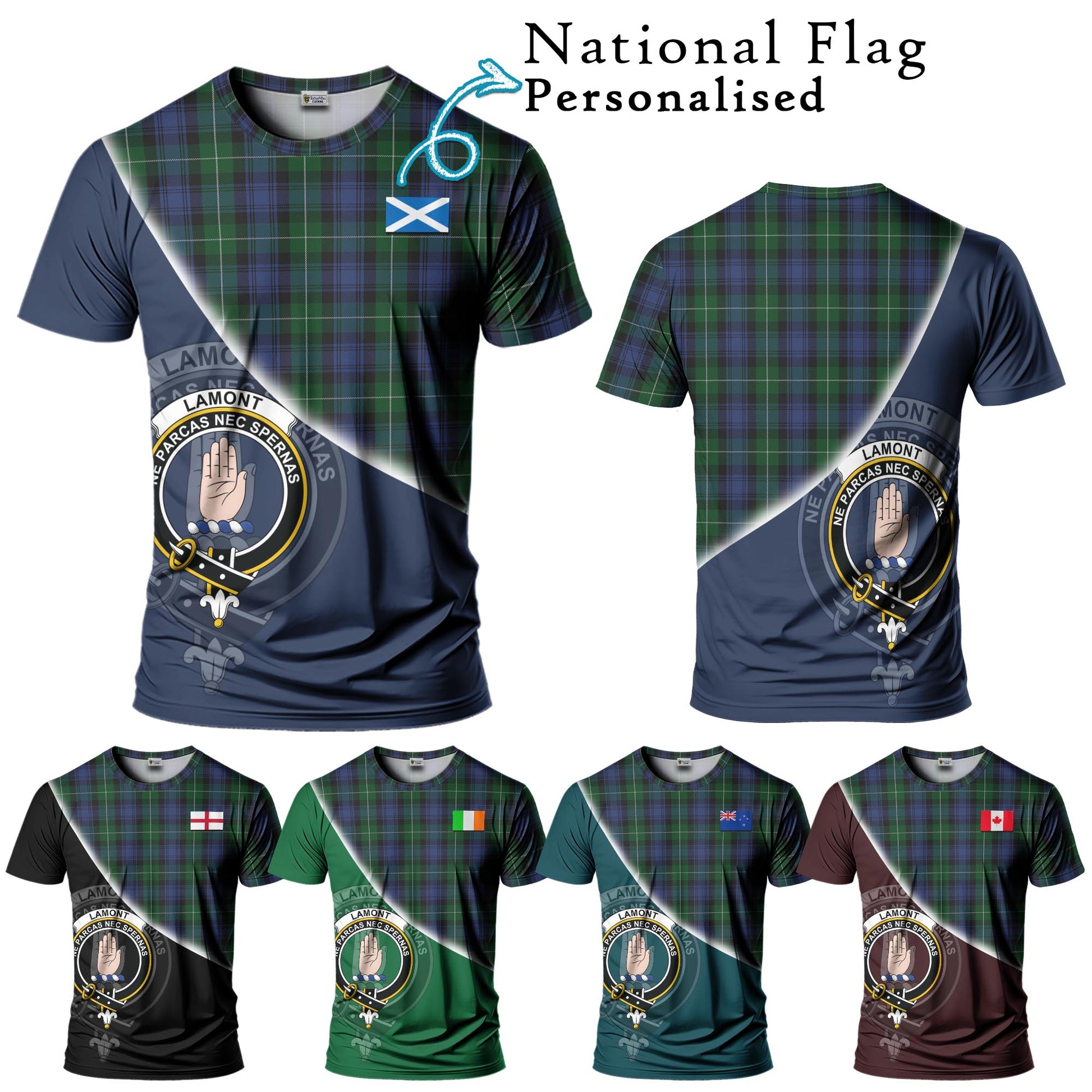 Tartan Vibes Clothing Lamont #2 Tartan T-Shirt with Personalised National Flag and Family Crest Half Style