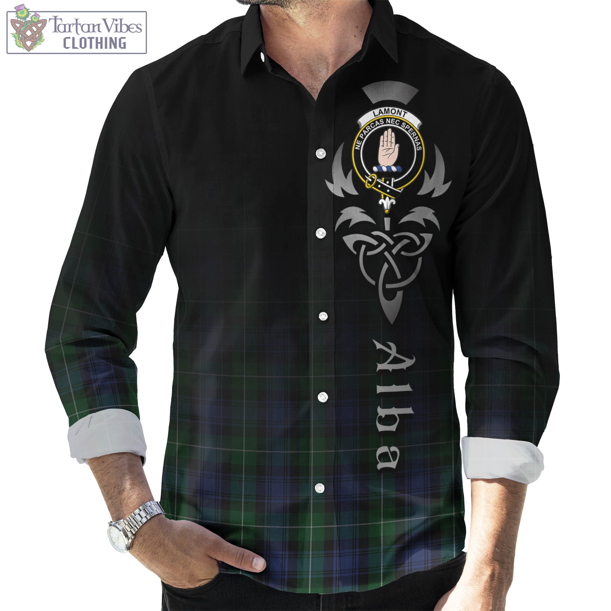 Tartan Vibes Clothing Lamont #2 Tartan Long Sleeve Button Up Featuring Alba Gu Brath Family Crest Celtic Inspired