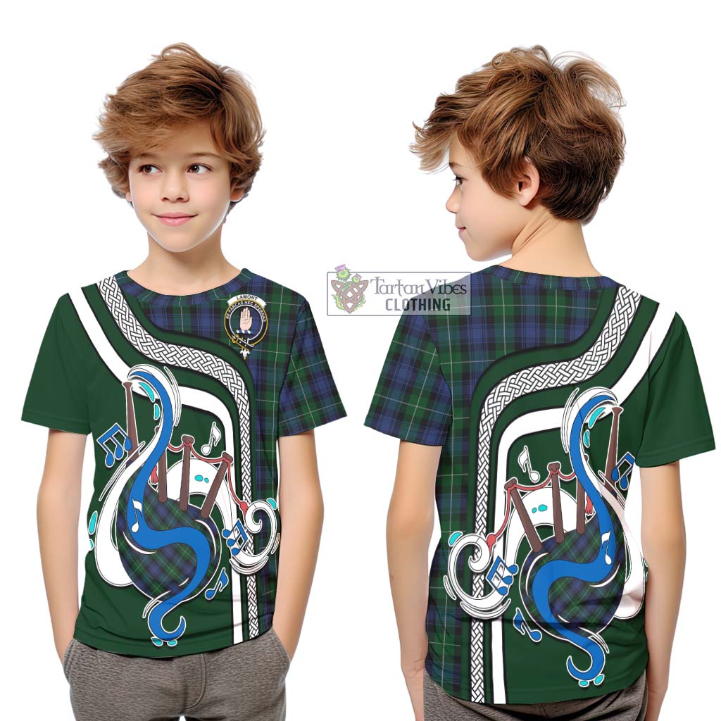 Tartan Vibes Clothing Lamont #2 Tartan Kid T-Shirt with Epic Bagpipe Style