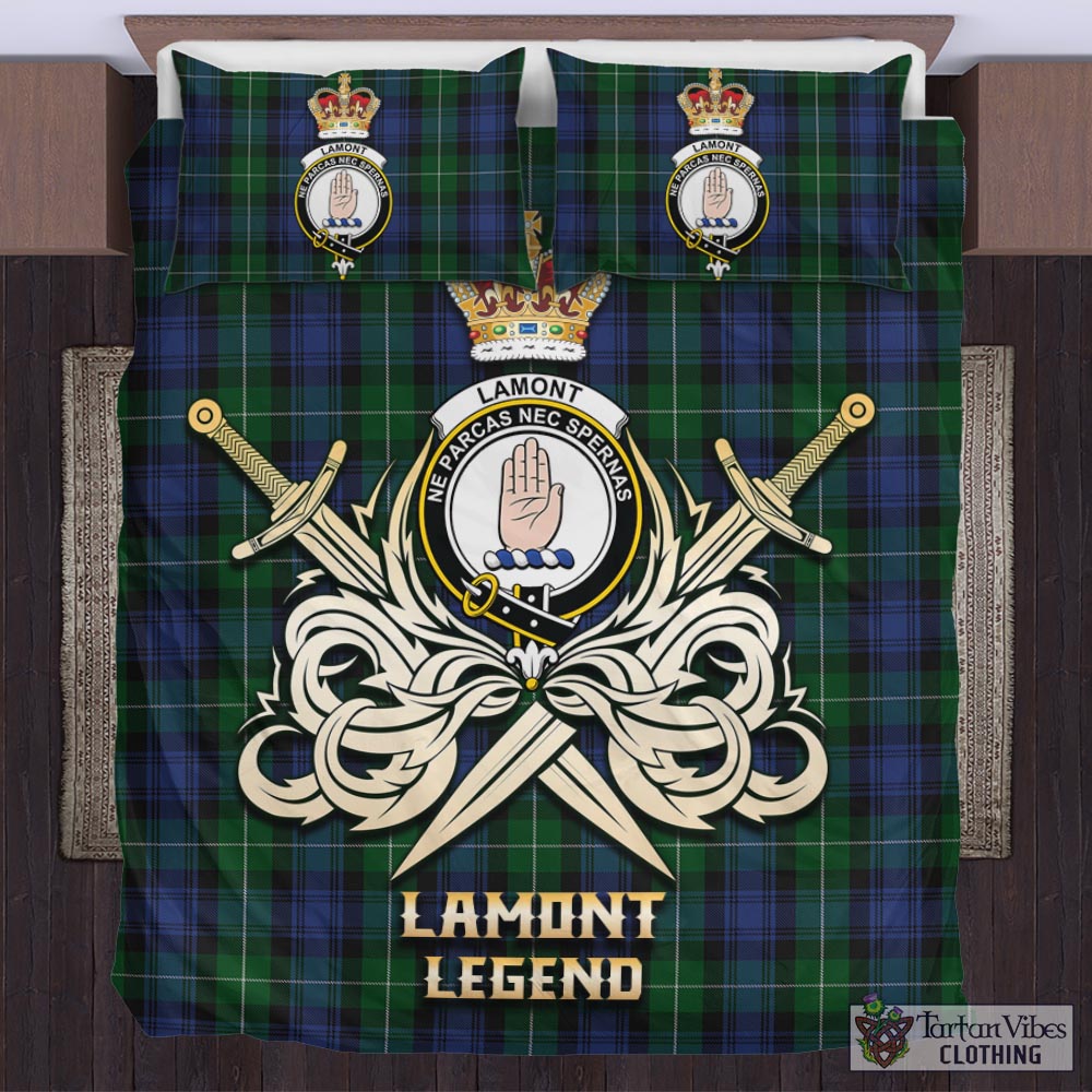 Tartan Vibes Clothing Lamont #2 Tartan Bedding Set with Clan Crest and the Golden Sword of Courageous Legacy