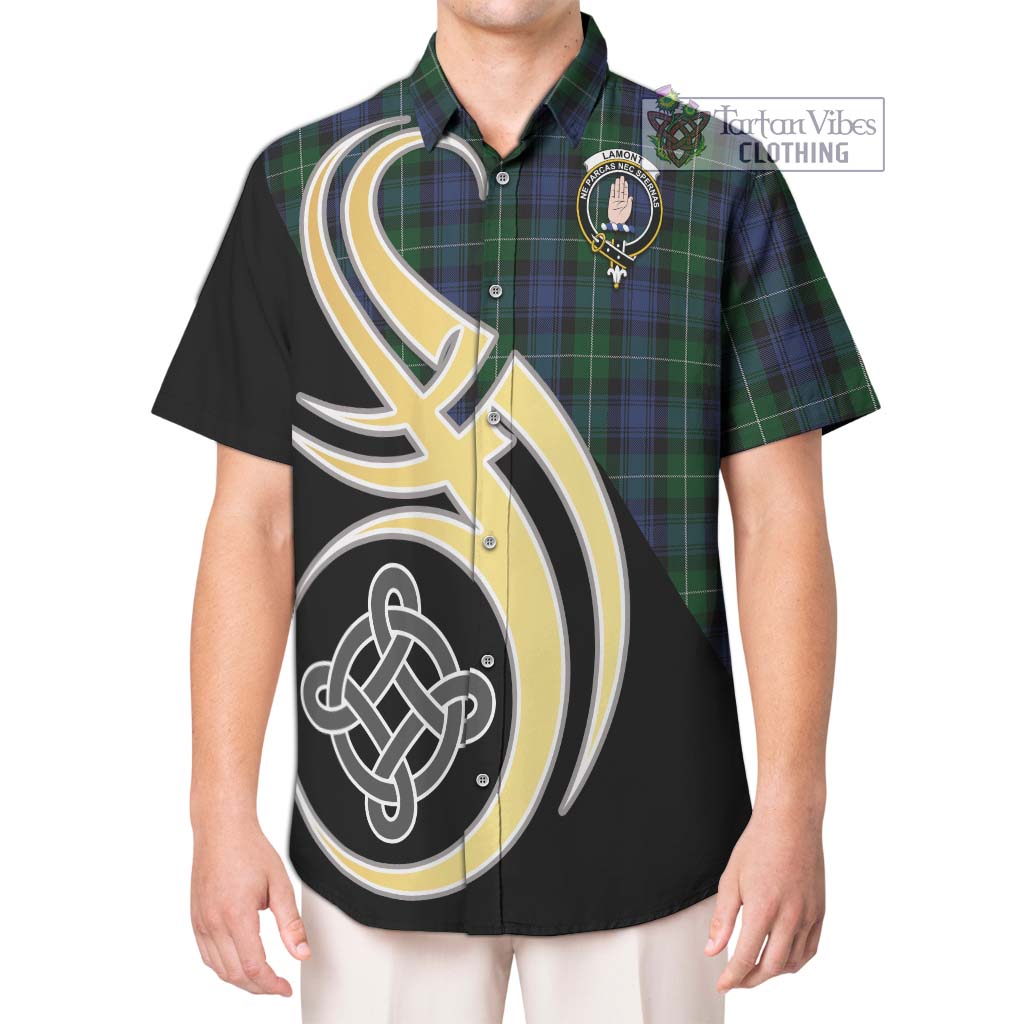 Tartan Vibes Clothing Lamont #2 Tartan Short Sleeve Button Shirt with Family Crest and Celtic Symbol Style