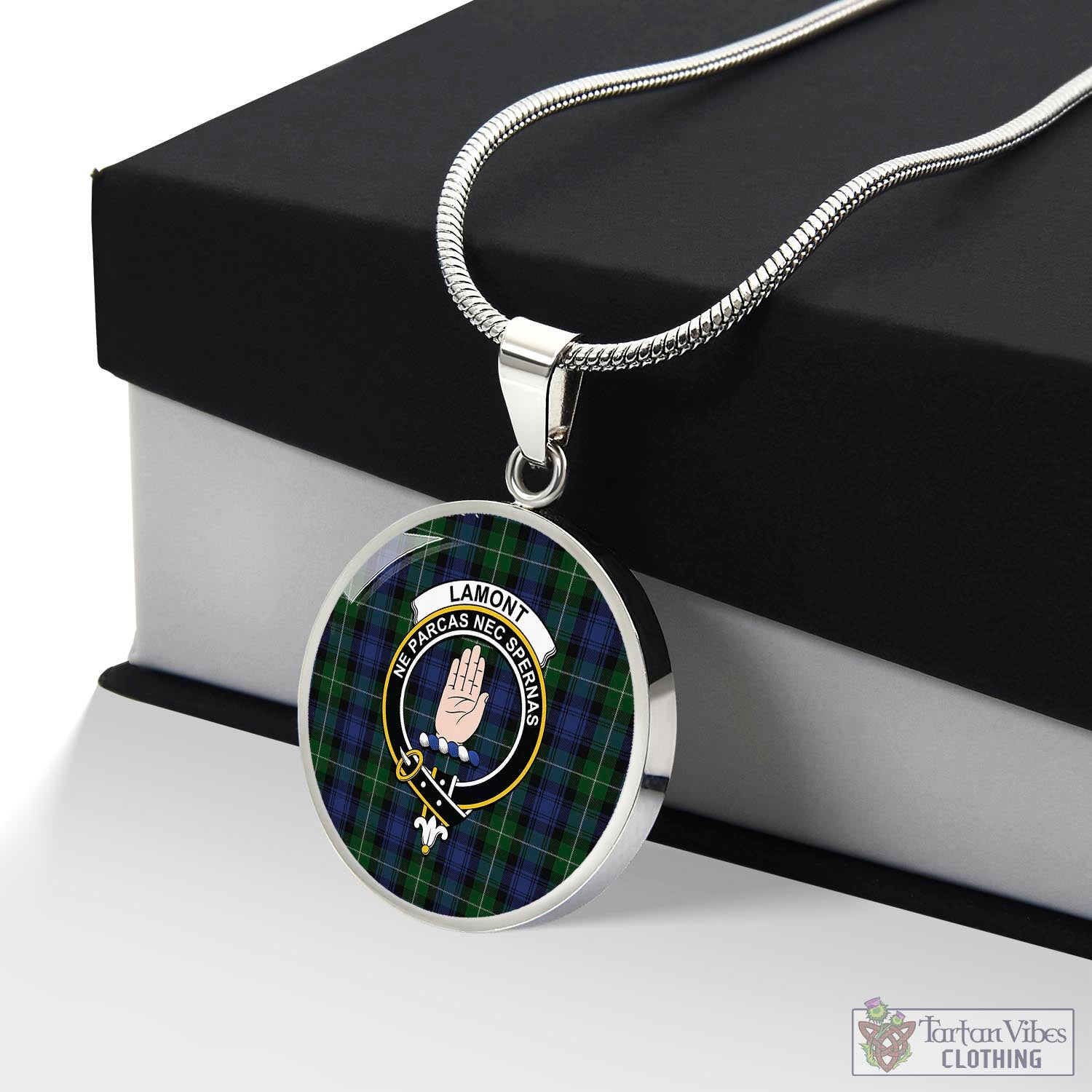 Tartan Vibes Clothing Lamont #2 Tartan Circle Necklace with Family Crest