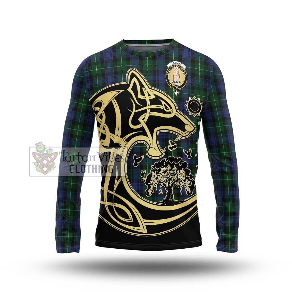 Tartan Vibes Clothing Lamont #2 Tartan Long Sleeve T-Shirt with Family Crest Celtic Wolf Style