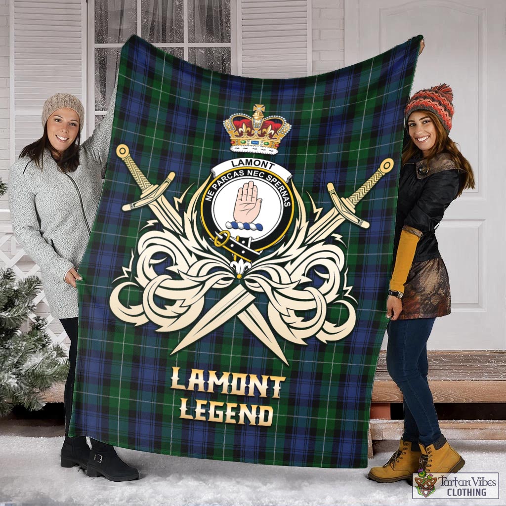 Tartan Vibes Clothing Lamont #2 Tartan Blanket with Clan Crest and the Golden Sword of Courageous Legacy