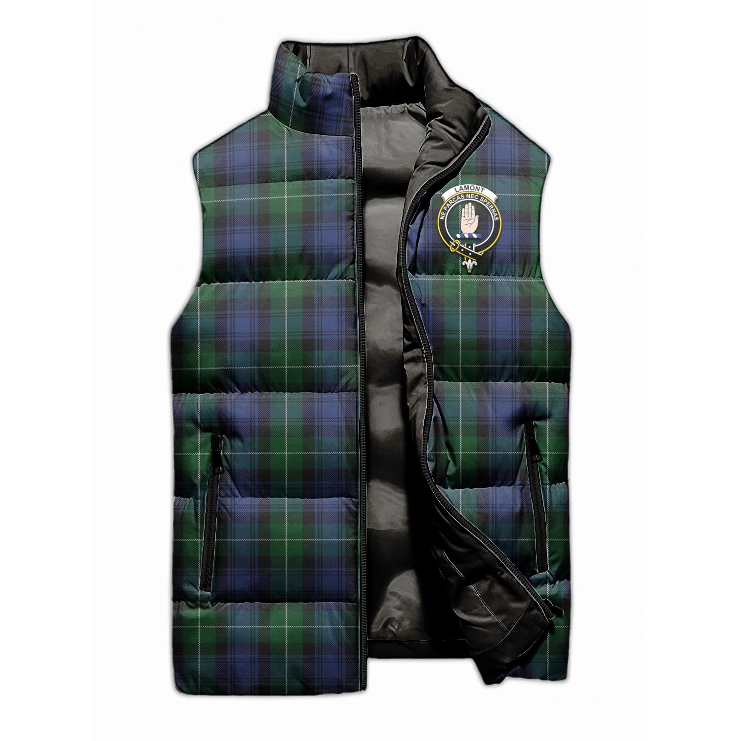 Lamont #2 Tartan Sleeveless Puffer Jacket with Family Crest - Tartanvibesclothing Shop