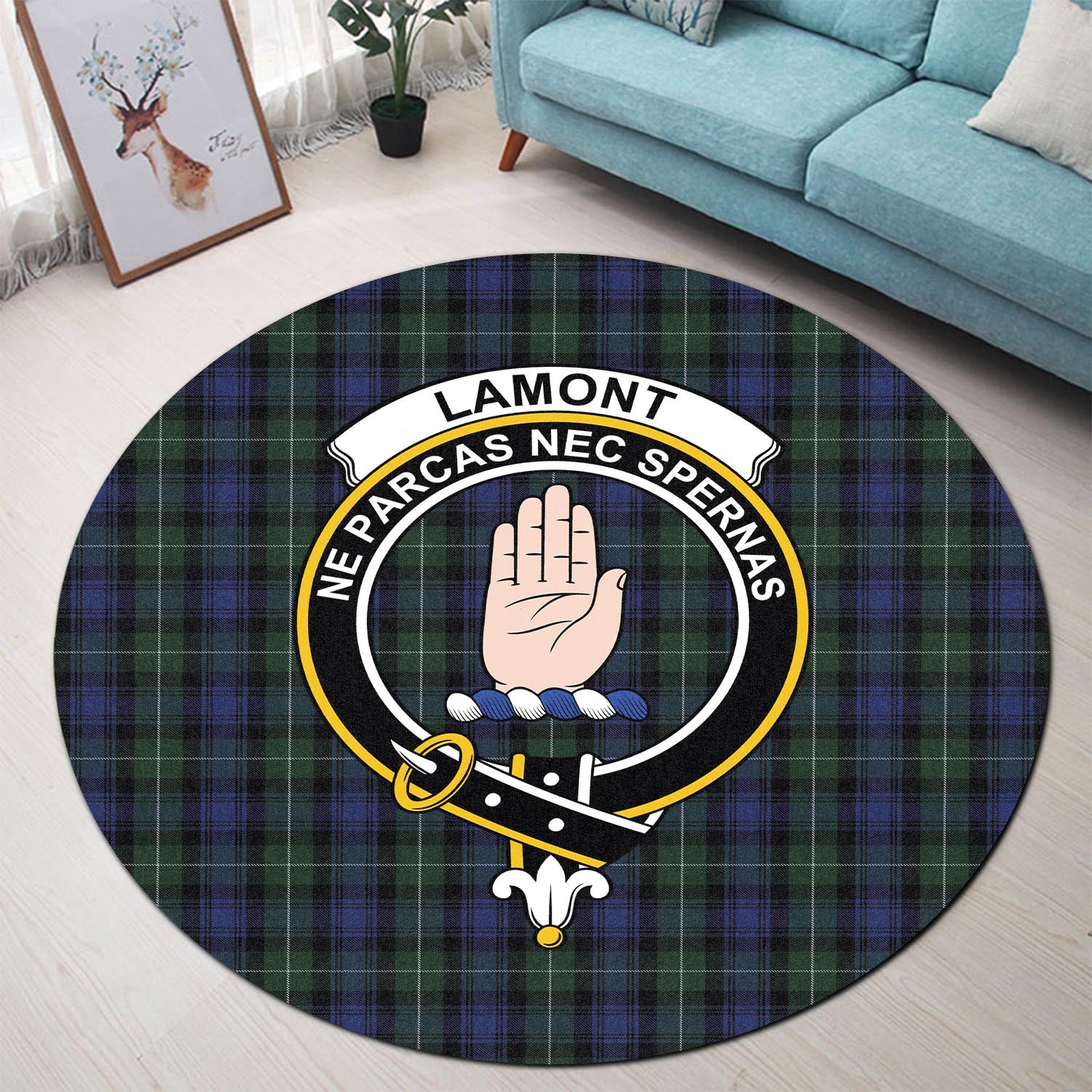 lamont-2-tartan-round-rug-with-family-crest