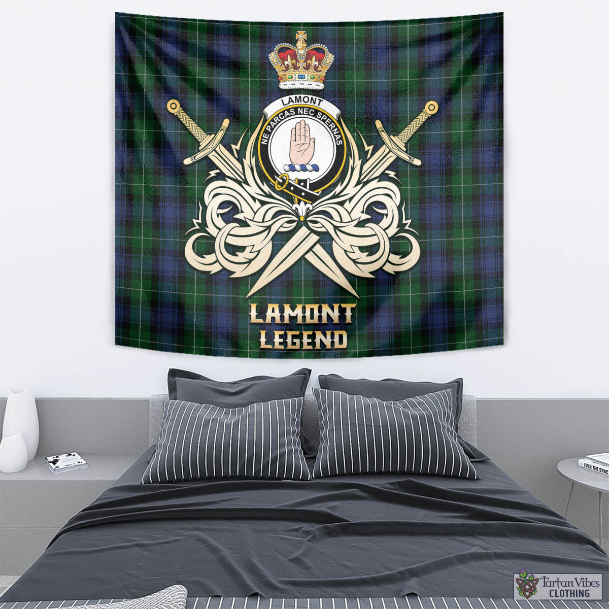 Tartan Vibes Clothing Lamont #2 Tartan Tapestry with Clan Crest and the Golden Sword of Courageous Legacy