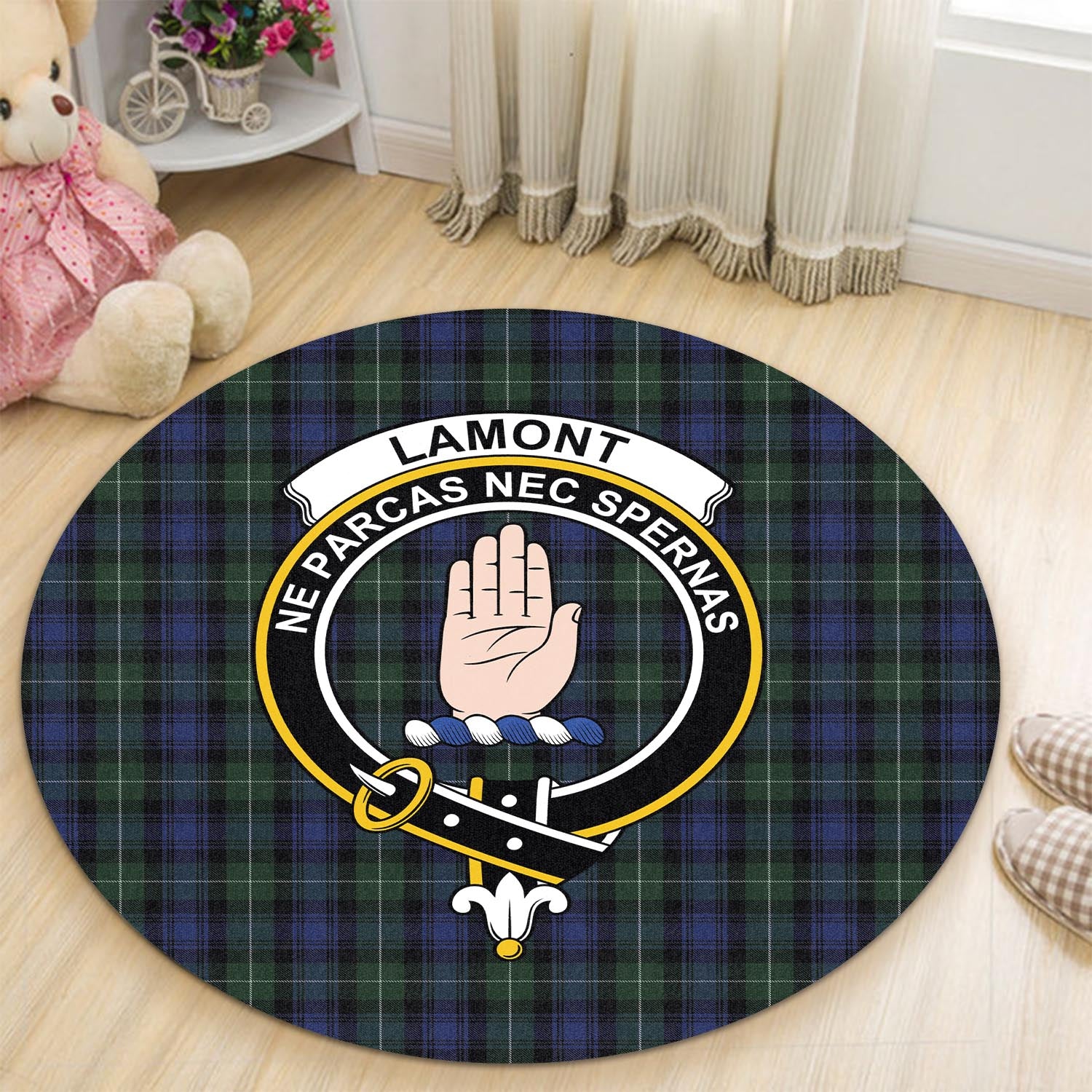 lamont-2-tartan-round-rug-with-family-crest